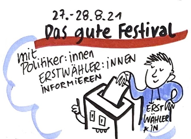 Ein Junge wirft einen Wahlschein in einer Wählerbox, die lächelt und den Daumen nach oben streckt.