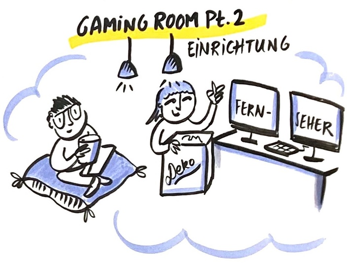 Ein Junge sitzt auf einem Kissen und schaut auf einen Tisch, auf dem zwei Bildschirme stehen. Vor den Bildschirmen steht ein lächelndes Mädchen, welches einen Behälter in der Hand hält, auf dem "Deko" steht.