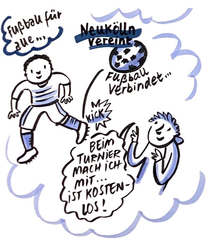 Zwei Personen spielen lächelnd Fussball miteinander. Über Ihnen steht "Fußball verbindet" geschrieben. 