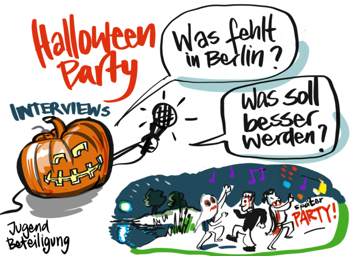 Zu sehen ist eine Zeichnung von einem Kürbis, der ein Mikrofon hält, als wöllte er ein Interview führen.
