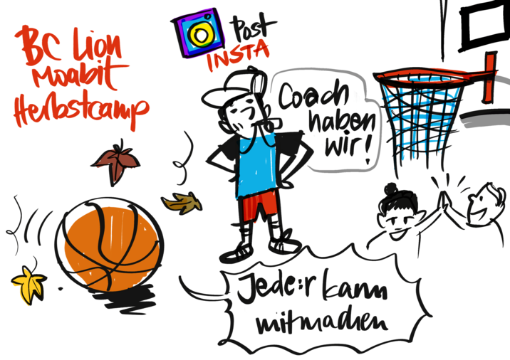 Zu sehen ist eine Zeichnung eines Basketballs mit herbstliuchem Laub, sowie ein Coach und ein Basketballkorb.