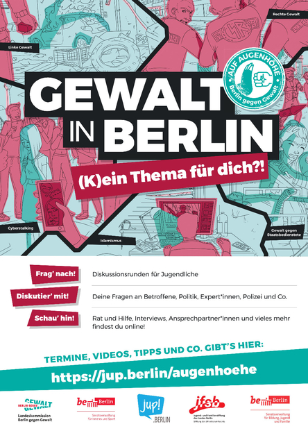 Comichafte Darstellung von problematischen Jugendkulturen, Schriftzug "Gewalt in Berlin - (k)ein Thema für dich?!"