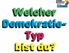 In bunten Farben steht auf der Grafik "Welcher Demokratietyp bist du?" geschrieben.